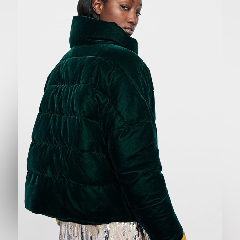 ZARA Velvet Puffer Jacket Emerald Green